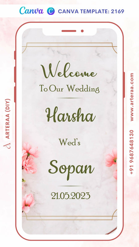Digital Wedding Ceremony Invitation Of Indian Famliy In English Language With Floral Theme Canva Editable Template design no - 2169