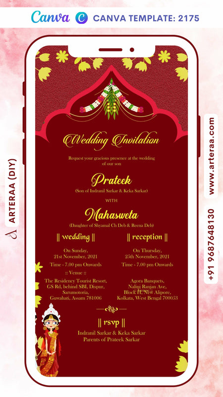 Wedding ceremony invitation card Canva Editable Template of hindu west bengal bengali family in english language with traditional theme design 2175