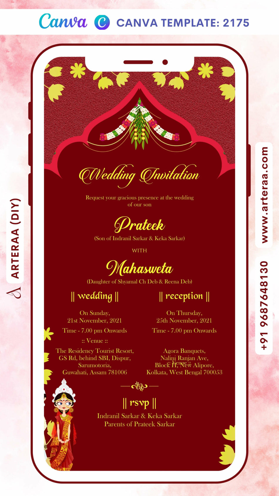 Wedding ceremony invitation card Canva Editable Template of hindu west bengal bengali family in english language with traditional theme design 2175