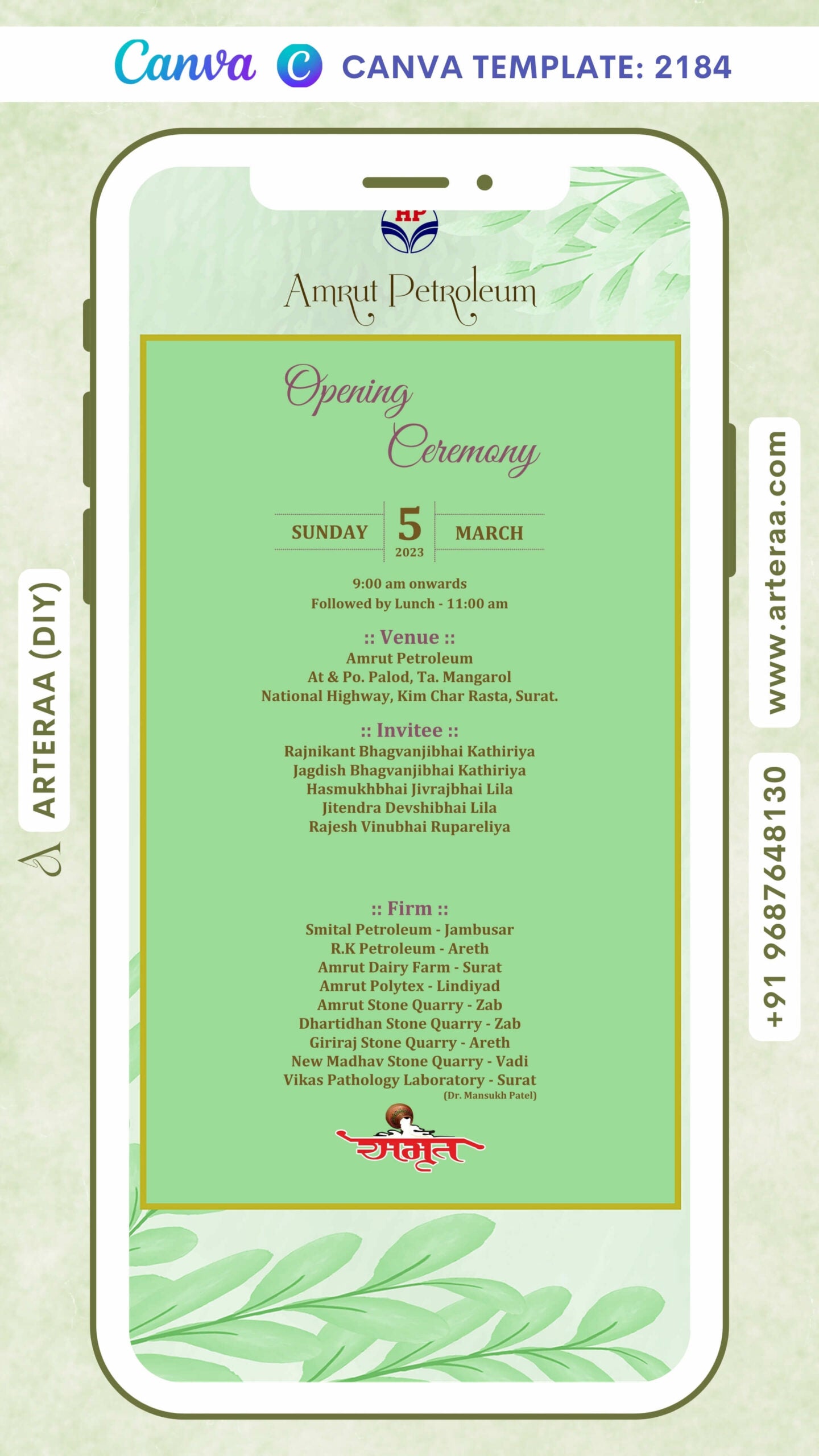 Opening invitation card Canva Editable Template in english language with green leaves as minimalistic theme design 2184