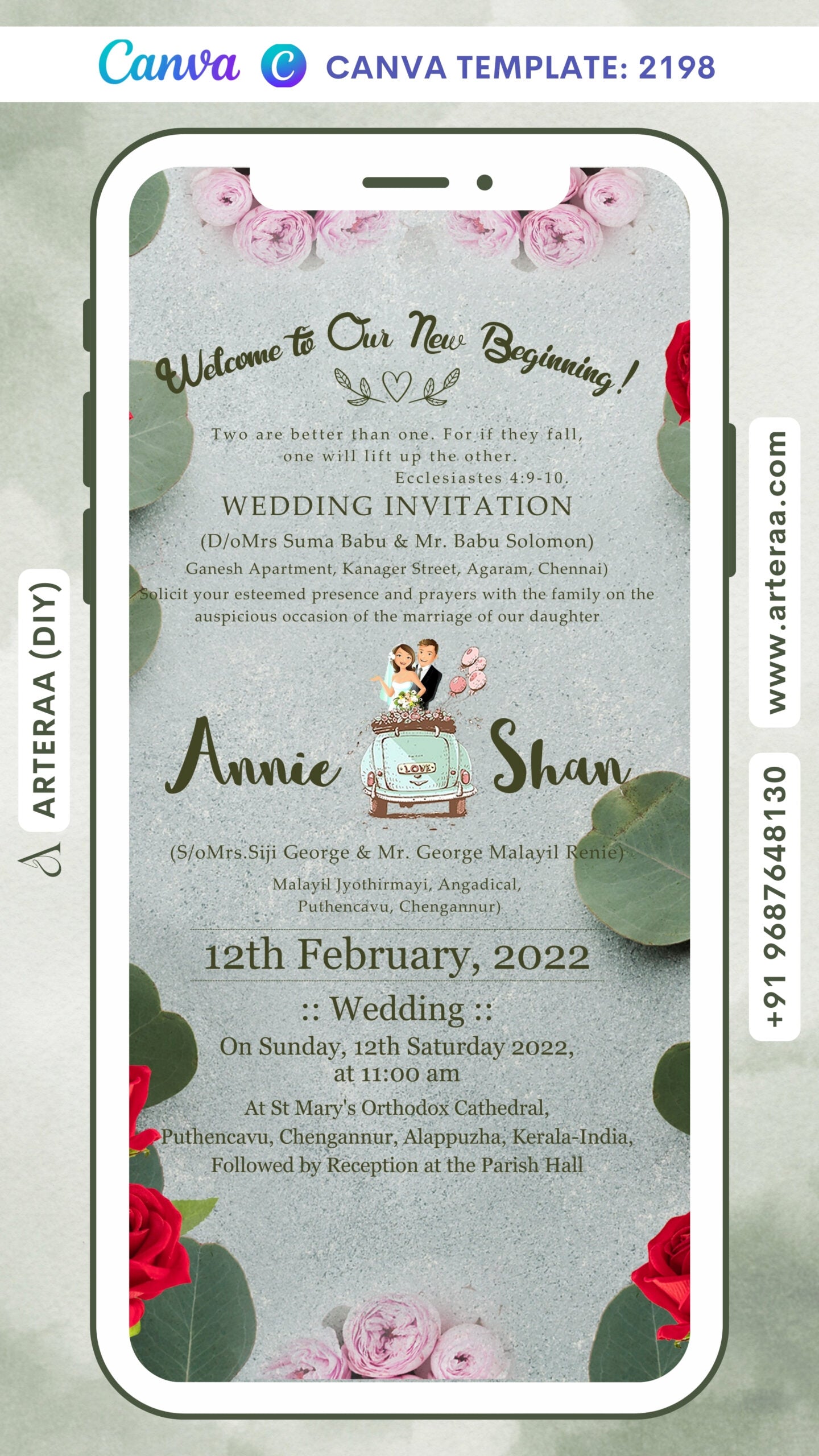 Wedding ceremony invitation card Canva Editable Template of hindu south indian malayali family in english language with minimalistic theme design 2198