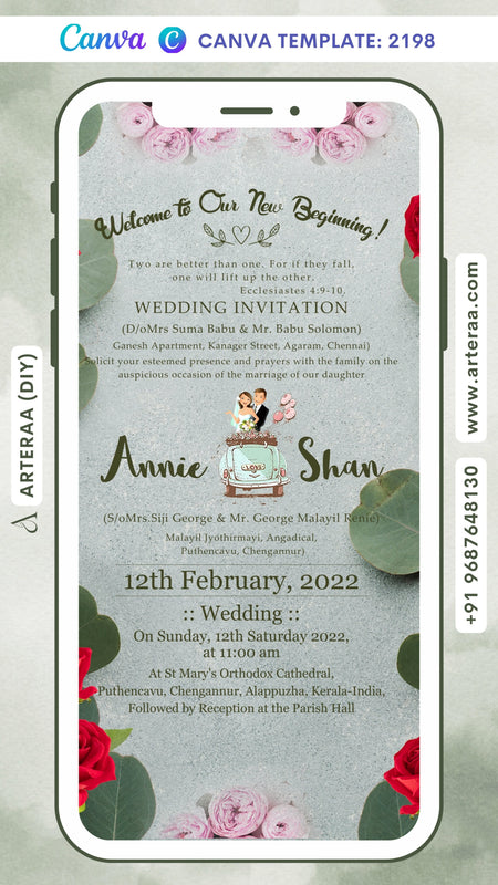 Wedding ceremony invitation card Canva Editable Template of hindu south indian malayali family in english language with minimalistic theme design 2198