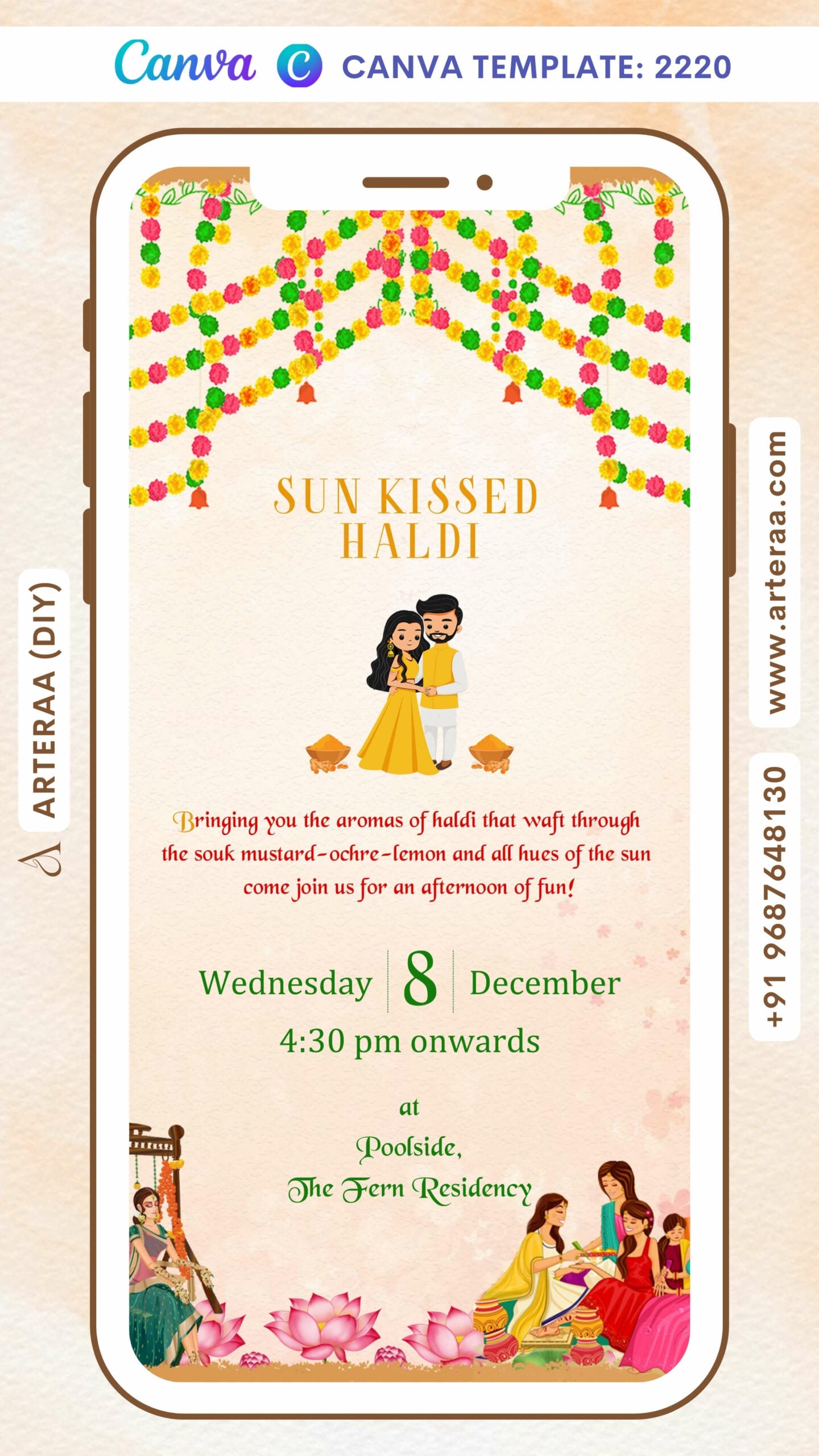 Haldi ceremony invitation card Canva Editable Template in english language with marigold garland, lotus as traditional theme design 2220