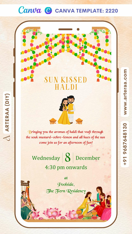 Haldi ceremony invitation card Canva Editable Template in english language with marigold garland, lotus as traditional theme design 2220