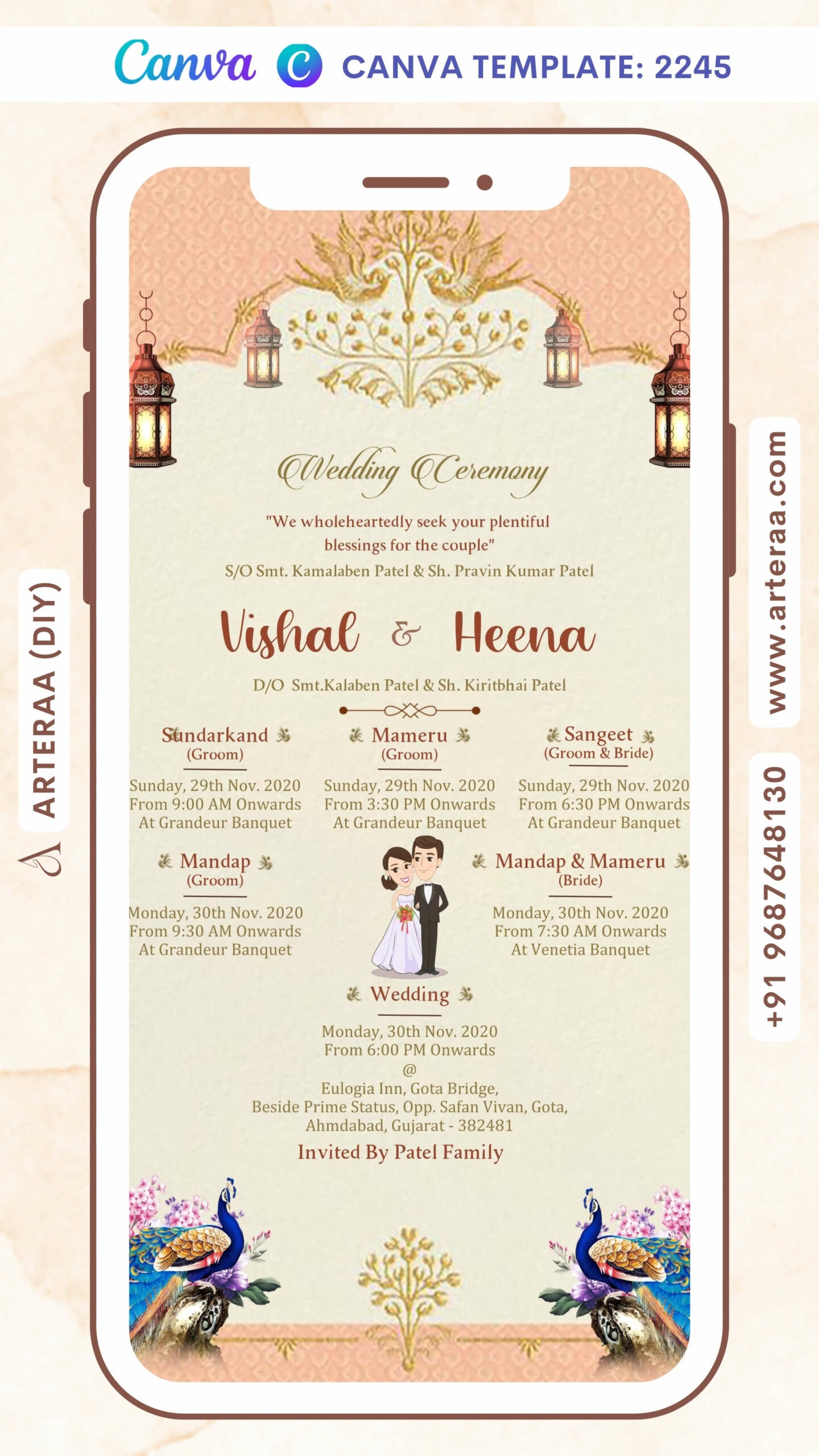 Wedding ceremony invitation card Canva Editable Template of hindu gujarati patel family in english language with traditional arch theme design 2245