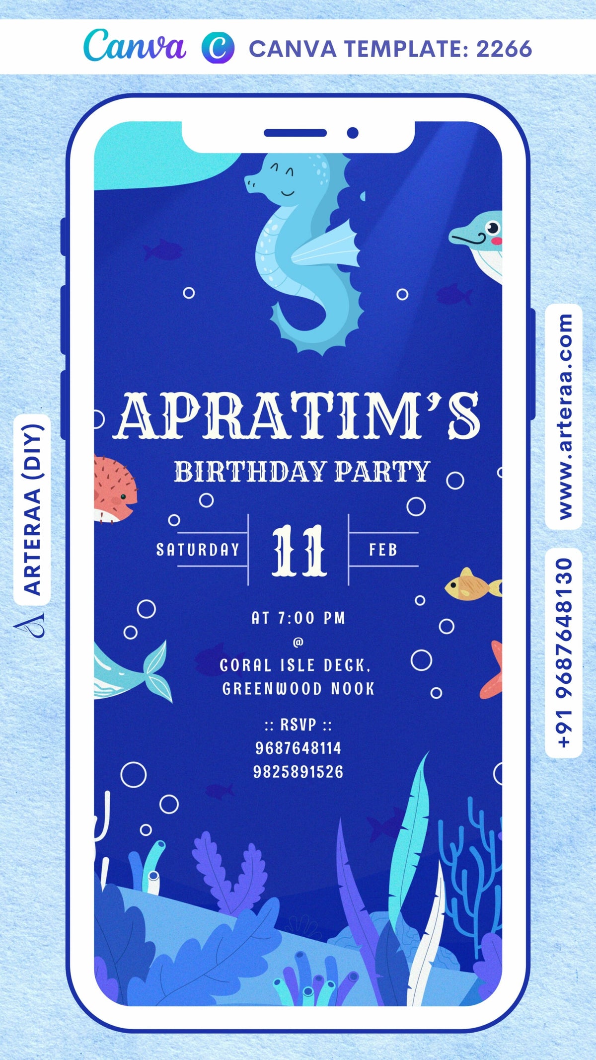 Birthday party invitation card Canva Editable Template for girl in english language with under the sea theme design 2266