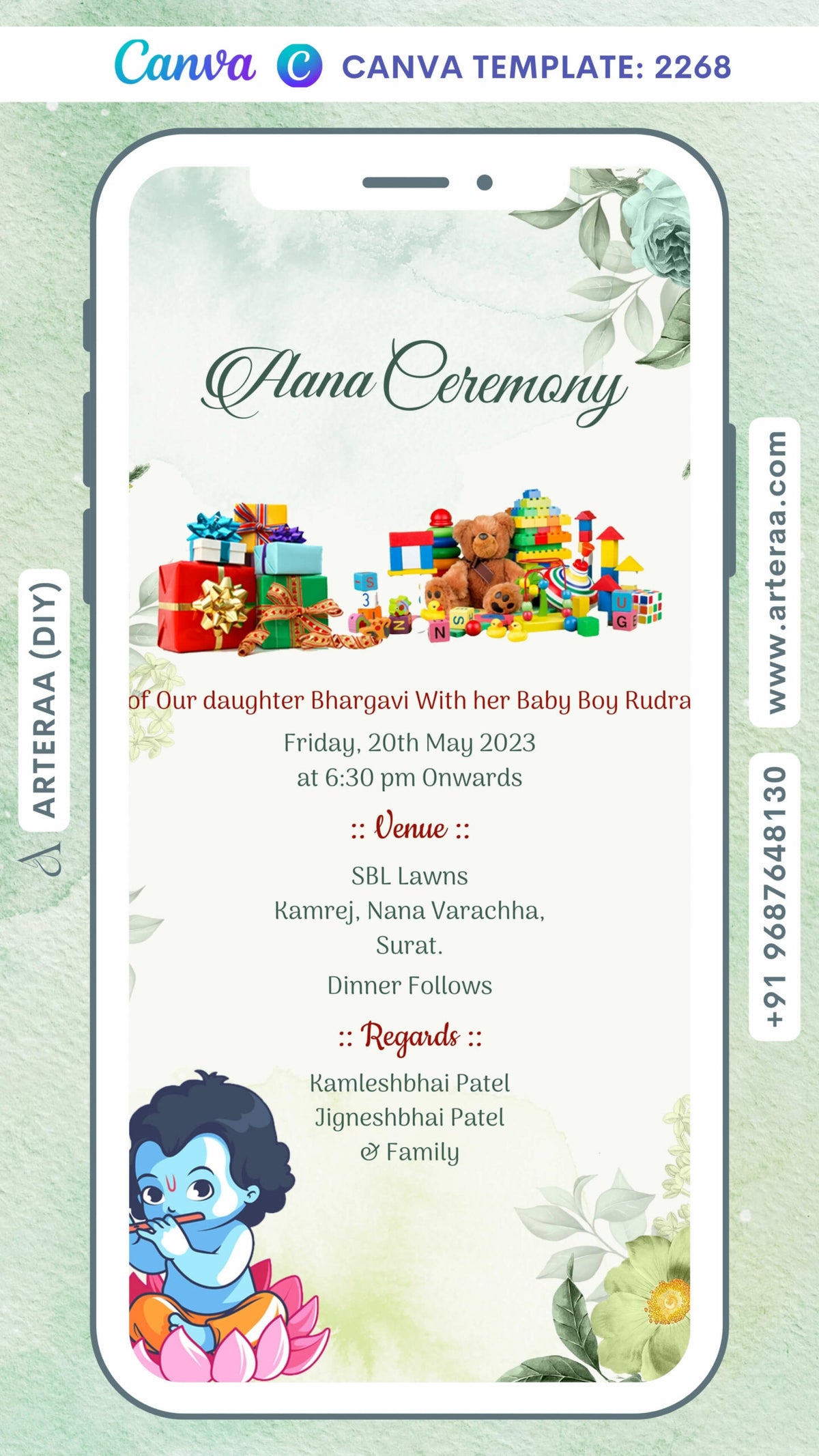 Aana ceremony invitation card Canva Editable Template in english language with krishna doodle, gifts, flowers as floral theme design 2268