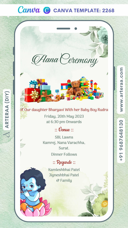 Aana ceremony invitation card Canva Editable Template in english language with krishna doodle, gifts, flowers as floral theme design 2268