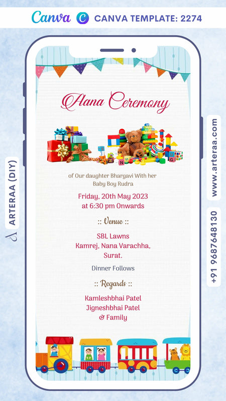 Digital Aana Ceremony Invitation Of Indian Family In English Language With Playful Theme Canva Editable Video Template Design No. 2274