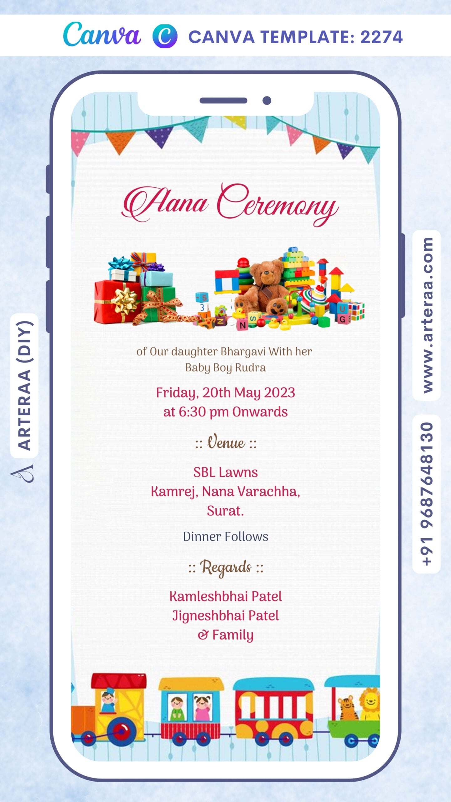 Aana ceremony invitation card Canva Editable Template in english language with train, birthday flag, toys as playful theme design 2274