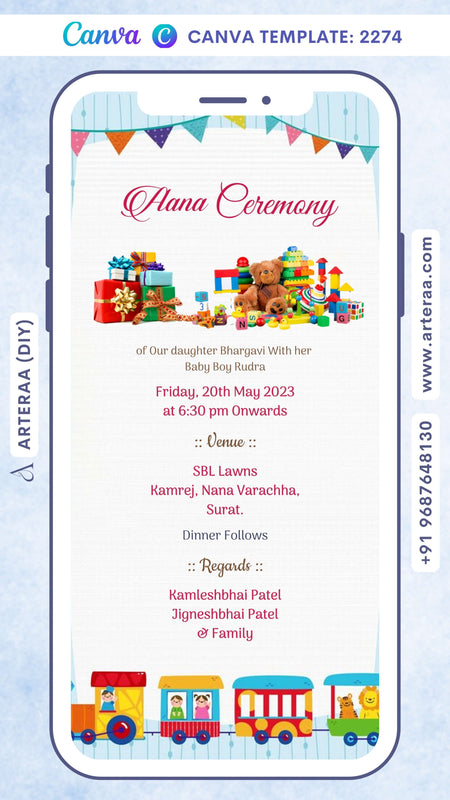 Aana ceremony invitation card Canva Editable Template in english language with train, birthday flag, toys as playful theme design 2274