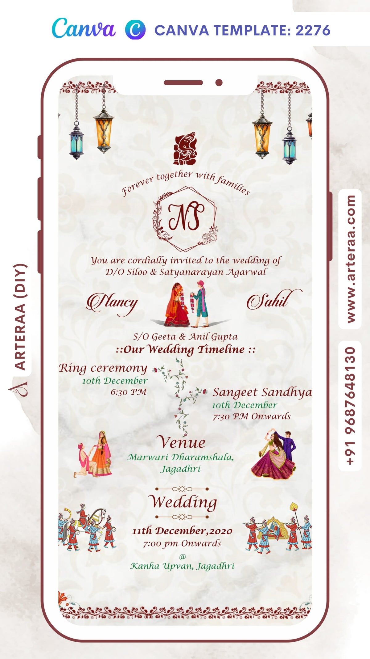 Wedding ceremony invitation card Canva Editable Template of hindu punjabi haryanvi family in english language with minimalistic theme design 2276