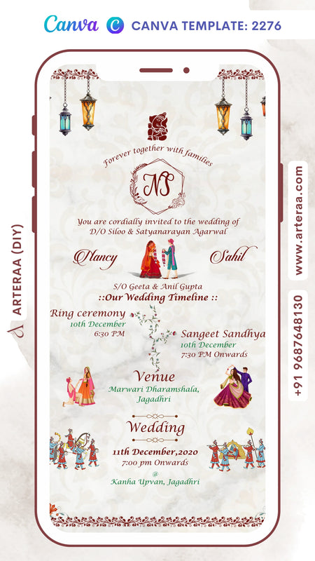 Wedding ceremony invitation card Canva Editable Template of hindu punjabi haryanvi family in english language with minimalistic theme design 2276