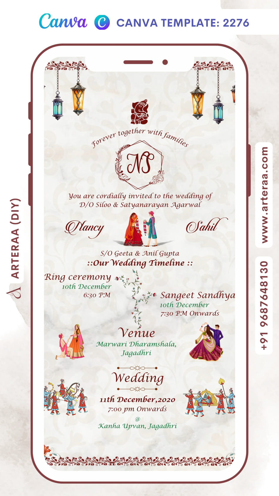 Wedding ceremony invitation card Canva Editable Template of hindu punjabi haryanvi family in english language with minimalistic theme design 2276