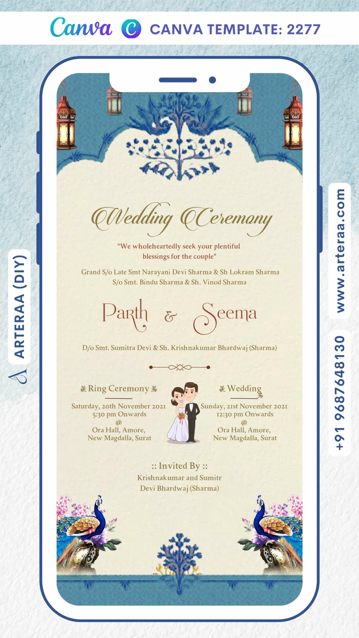 Wedding ceremony invitation card Canva Editable Template of hindu gujarati jain family in english language with traditional arch theme design 2277