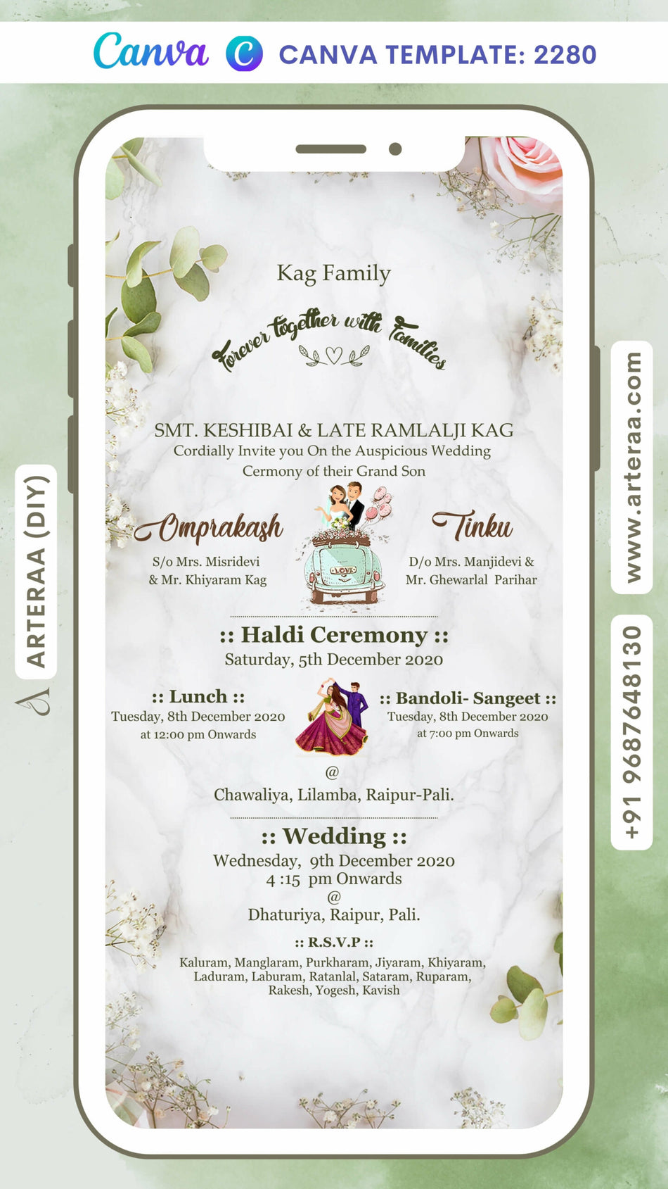 Wedding ceremony invitation card Canva Editable Template of hindu rajasthani royal family in english language with floral theme design 2280