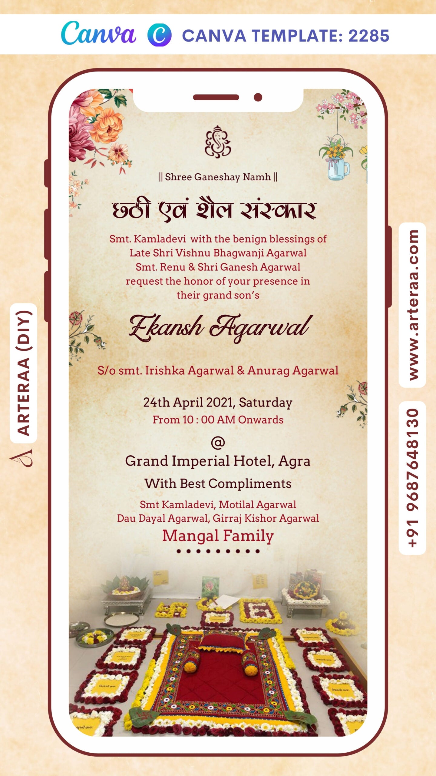 Chhathi ceremony invitation card Canva Editable Template for baby boy and girl in english language with flowers as vintage theme design 2285