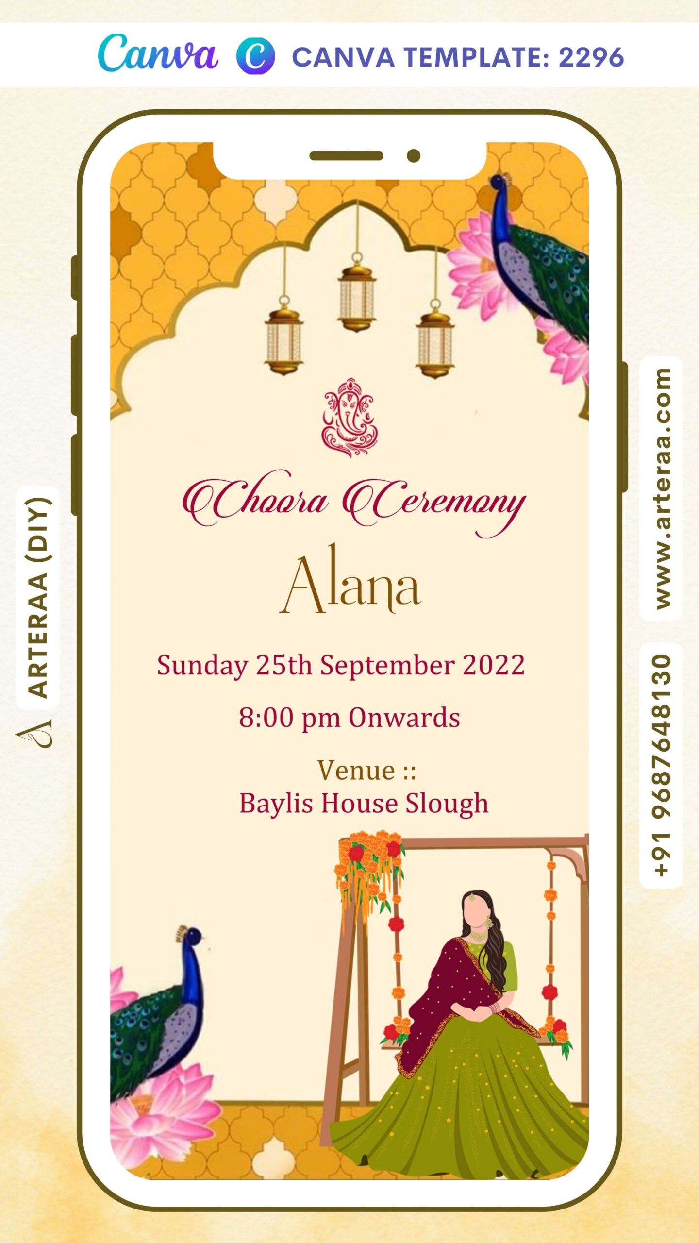 Choora ceremony invitation card Canva Editable Template in english language with arch theme design 2296