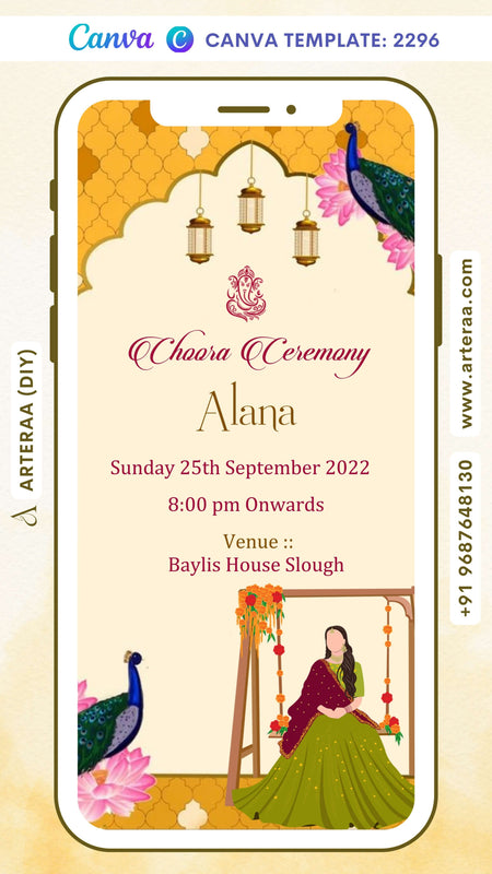 Choora ceremony invitation card Canva Editable Template in english language with arch theme design 2296