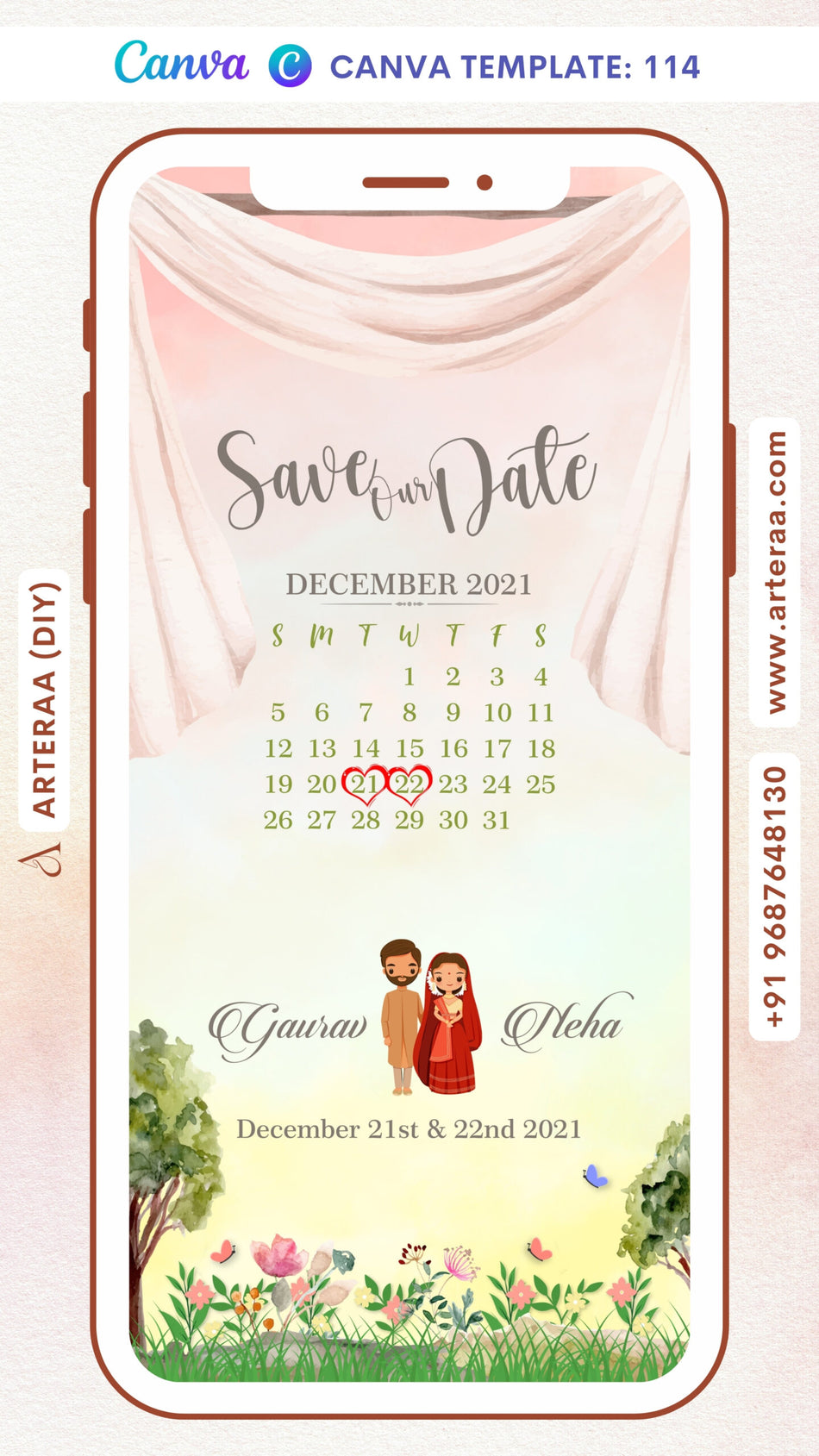 Save the Date card Canva Editable Template in english language with stylish couple doodle, flowers as garden theme design 114