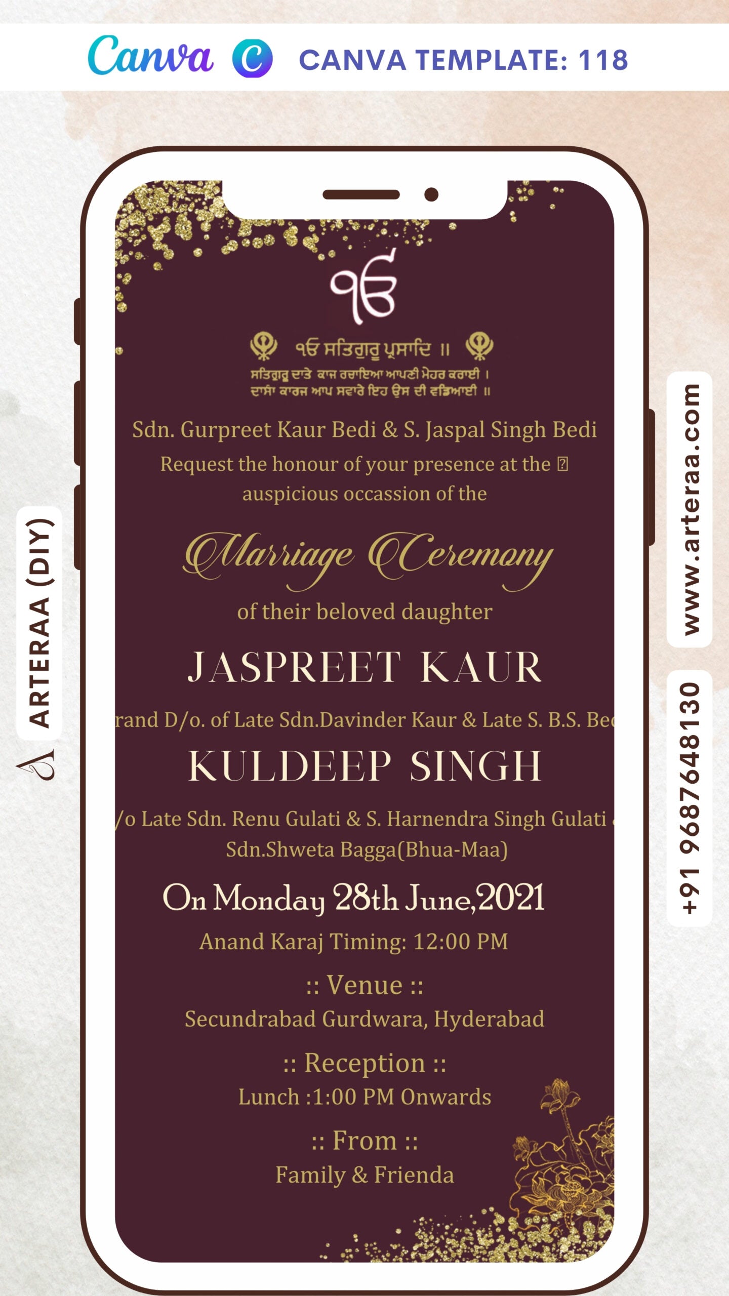 Wedding ceremony invitation card Canva Editable Template of hindu punjabi sikh family in English language with Glittery theme design 118