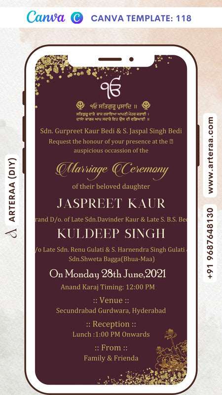 Wedding ceremony invitation card Canva Editable Template of hindu punjabi sikh family in English language with Glittery theme design 118