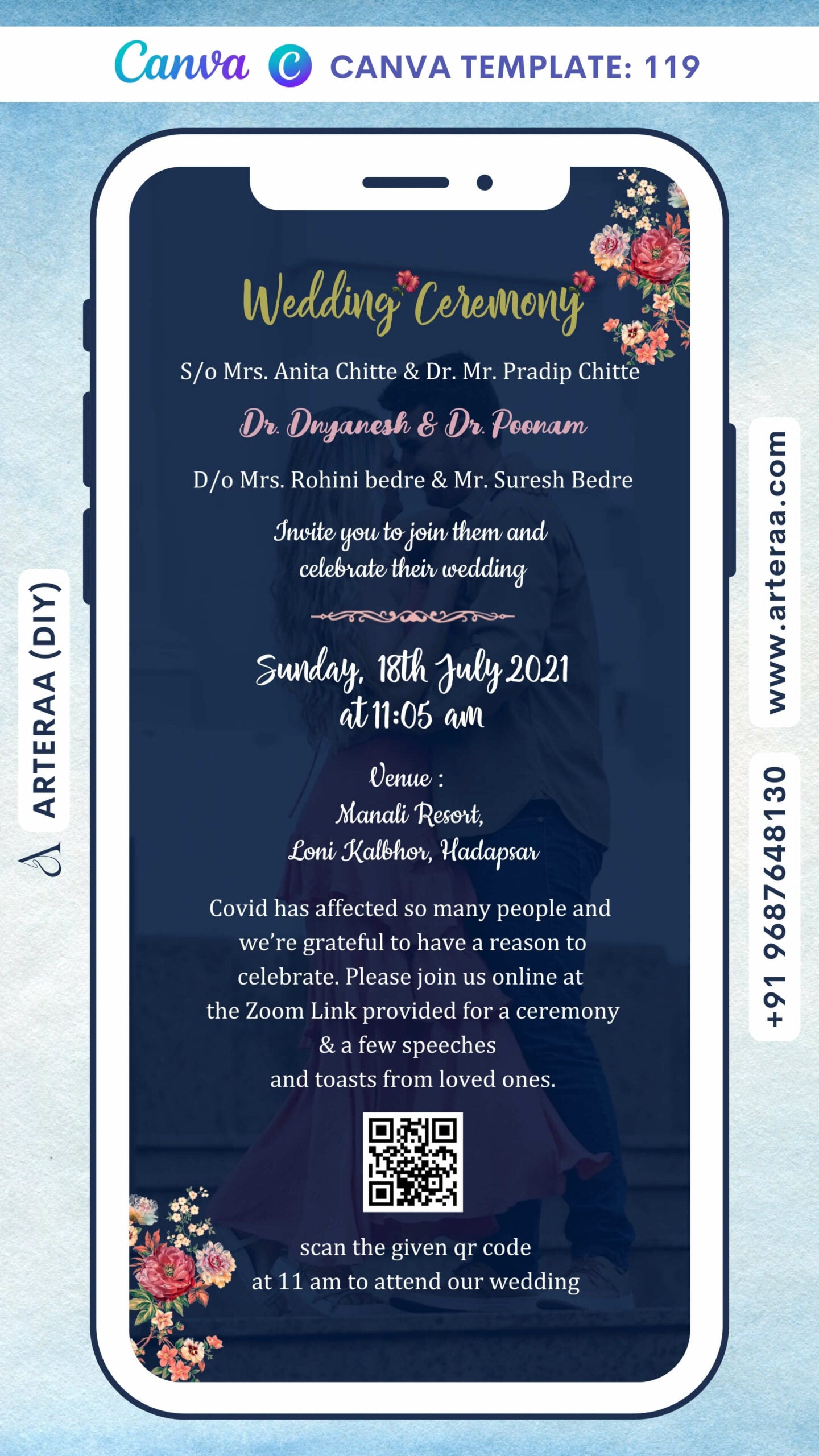 Wedding ceremony invitation card Canva Editable Template of hindu maharashtrian marathi family in english language with couple photo theme design 119