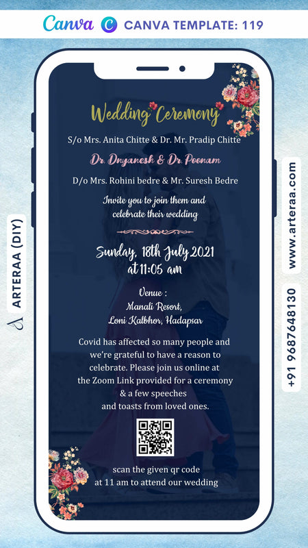 Wedding ceremony invitation card Canva Editable Template of hindu maharashtrian marathi family in english language with couple photo theme design 119