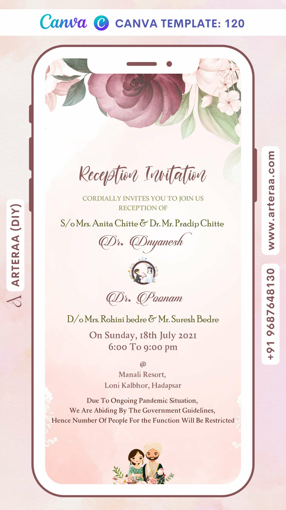 Digital Reception Invitation Invitation Of Indian Family In English Language With Floral Theme Canva Editable Template Design No. 120