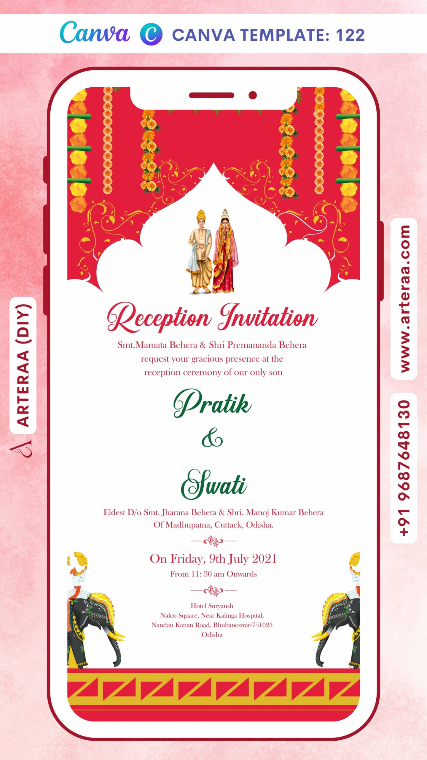 Reception Party invitation card Canva Editable Template in english language with elephant, marigold garland as traditional theme design 122