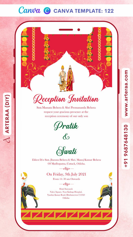 Reception Party invitation card Canva Editable Template in english language with elephant, marigold garland as traditional theme design 122