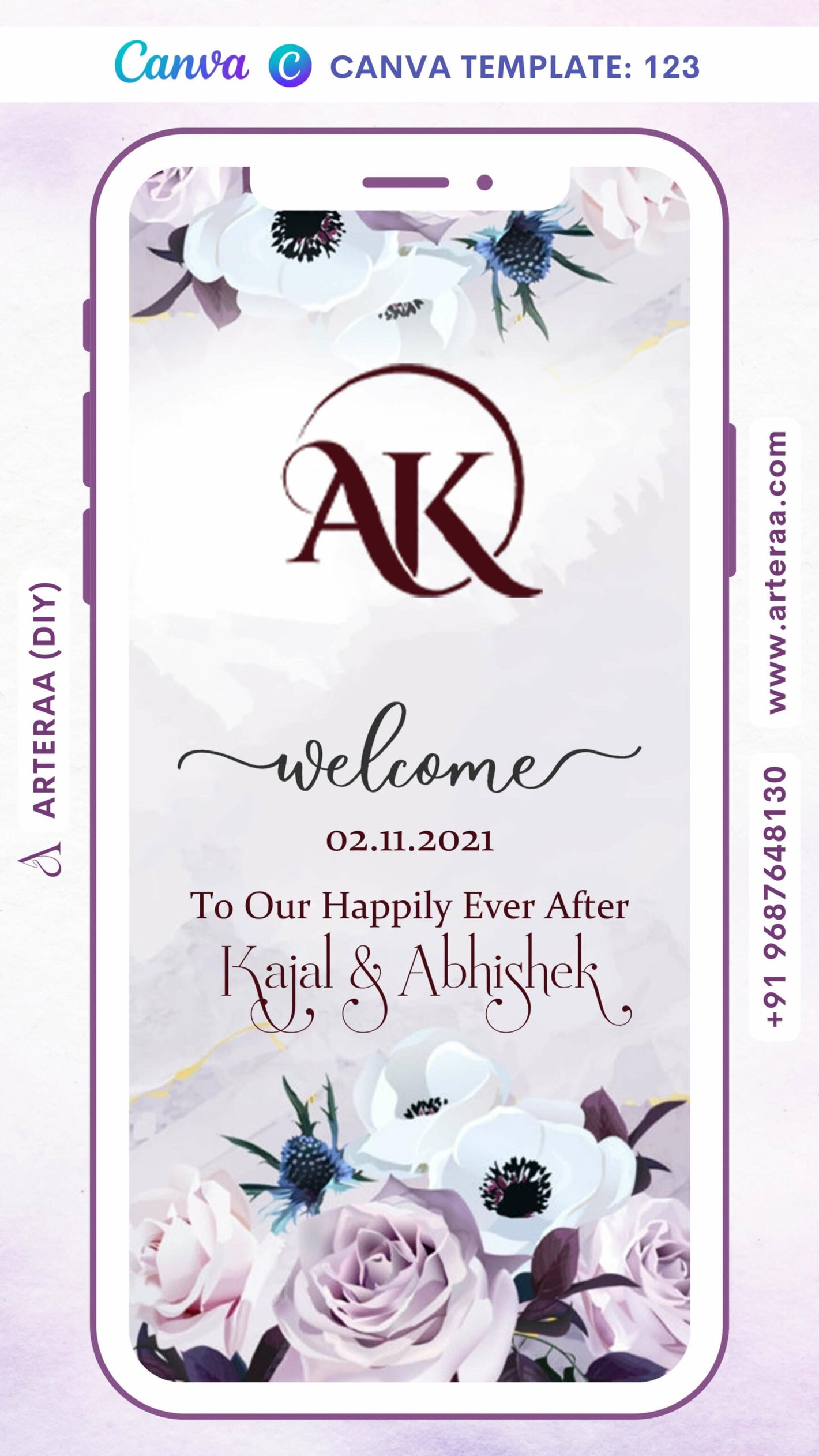 Wedding Welcome Standee design in english language with floral theme Canva Editable Template design 123