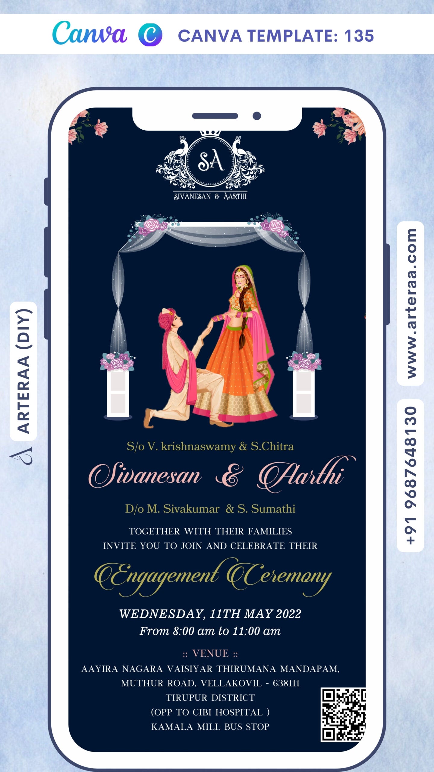 Engagement ceremony invitation card in english language with flowers as minimalistic theme Canva Editable Template design 135