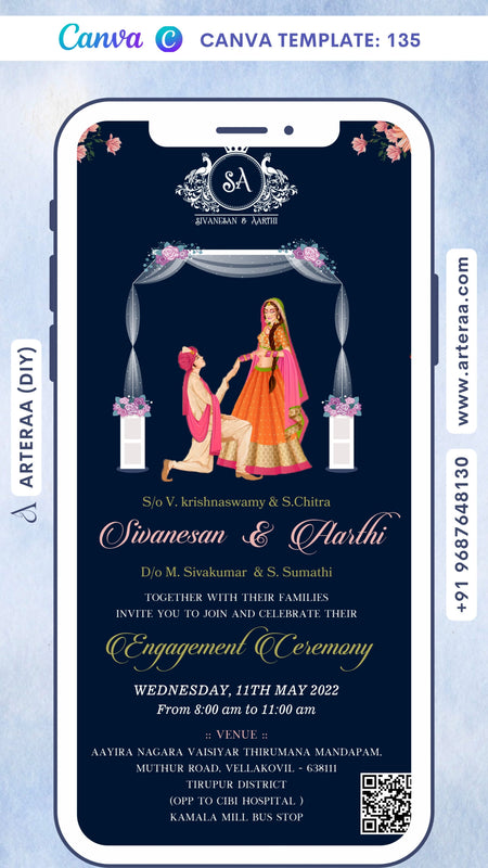 Engagement ceremony invitation card in english language with flowers as minimalistic theme Canva Editable Template design 135
