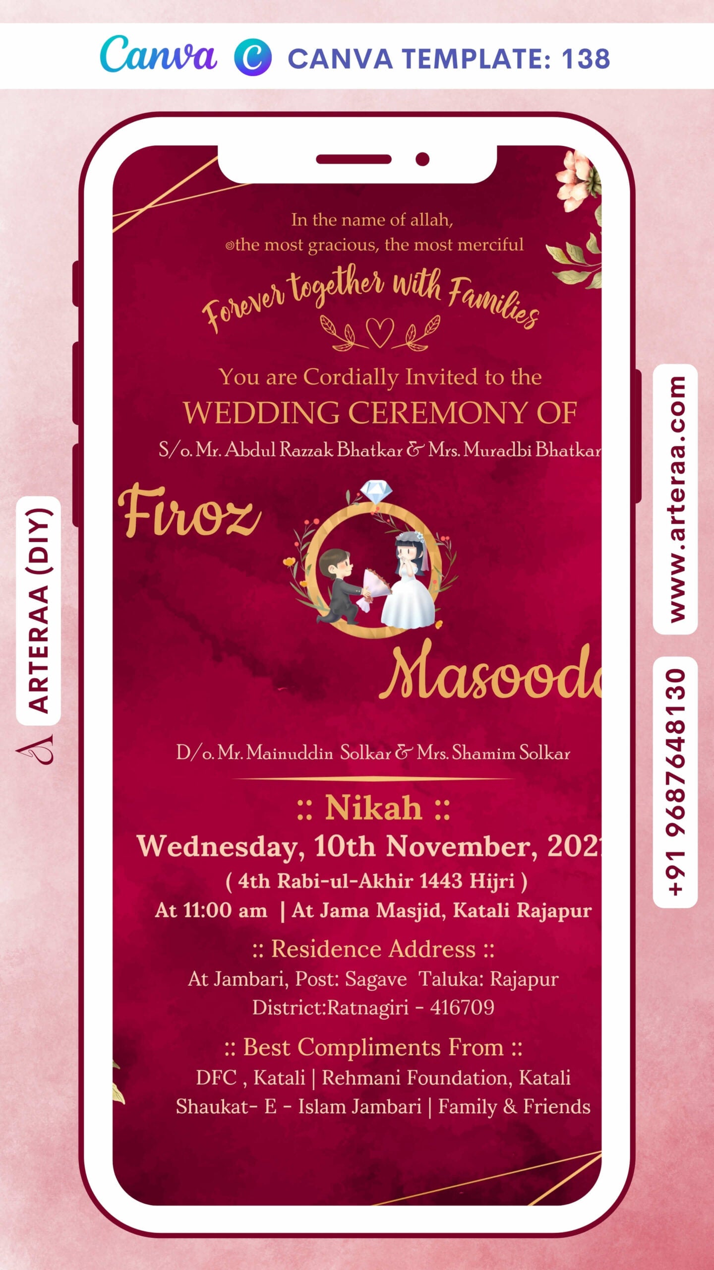 Nikah ceremony invitation card Canva Editable Template of Muslim family in english language with Floral theme design 138