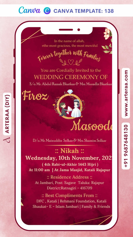 Nikah ceremony invitation card Canva Editable Template of Muslim family in english language with Floral theme design 138
