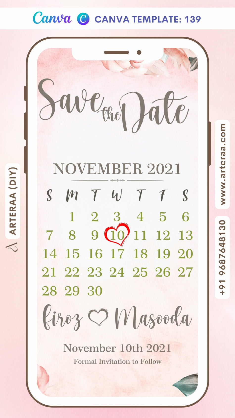 Save the Date card Canva Editable Template in english language with leaves, calendar as floral theme design 139
