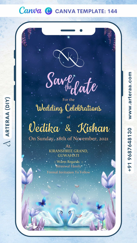 Save the Date card Canva Editable Template in english language with flowers, leaves as floral theme design 144