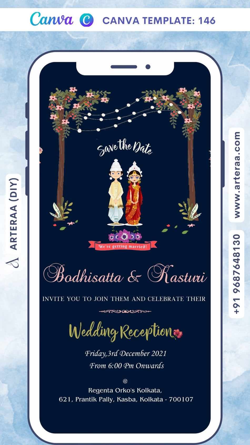 Wedding ceremony invitation card Canva Editable Template of hindu west bengal bengali family in english language with minimalistic theme design 146