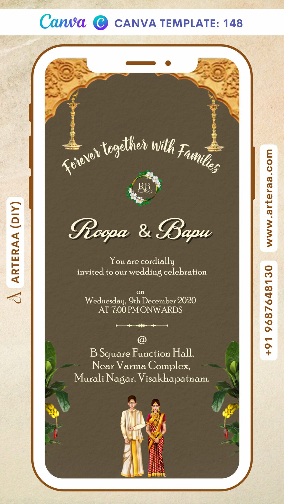 Wedding ceremony invitation card Canva Editable Template of hindu south indian telugu family in english language with Traditional gate theme design 148