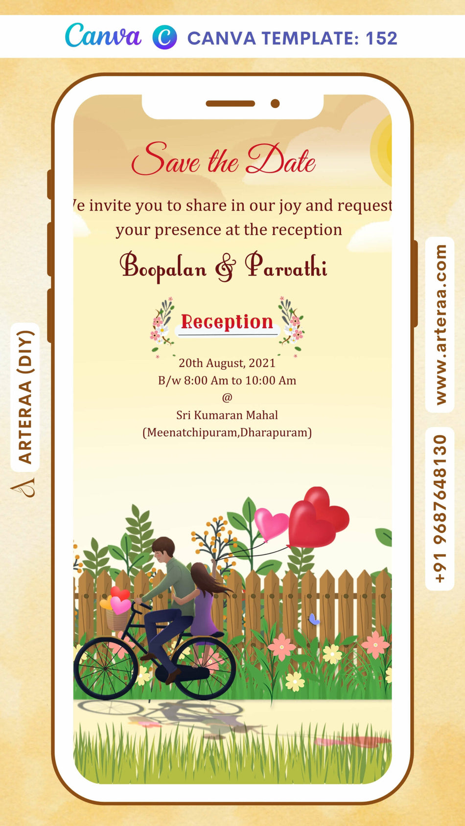 Digital Save the Date Invitation of South Indian Family in English Language With Woodland Romantic Theme Canva Editable Template Design No. 152