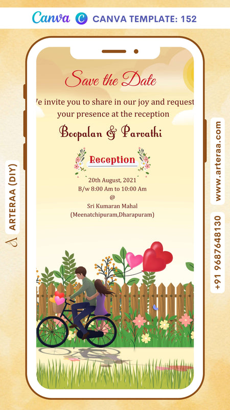Reception Party invitation Canva Editable video Template in english language with romantic couple doodle, balloons as garden theme design 152