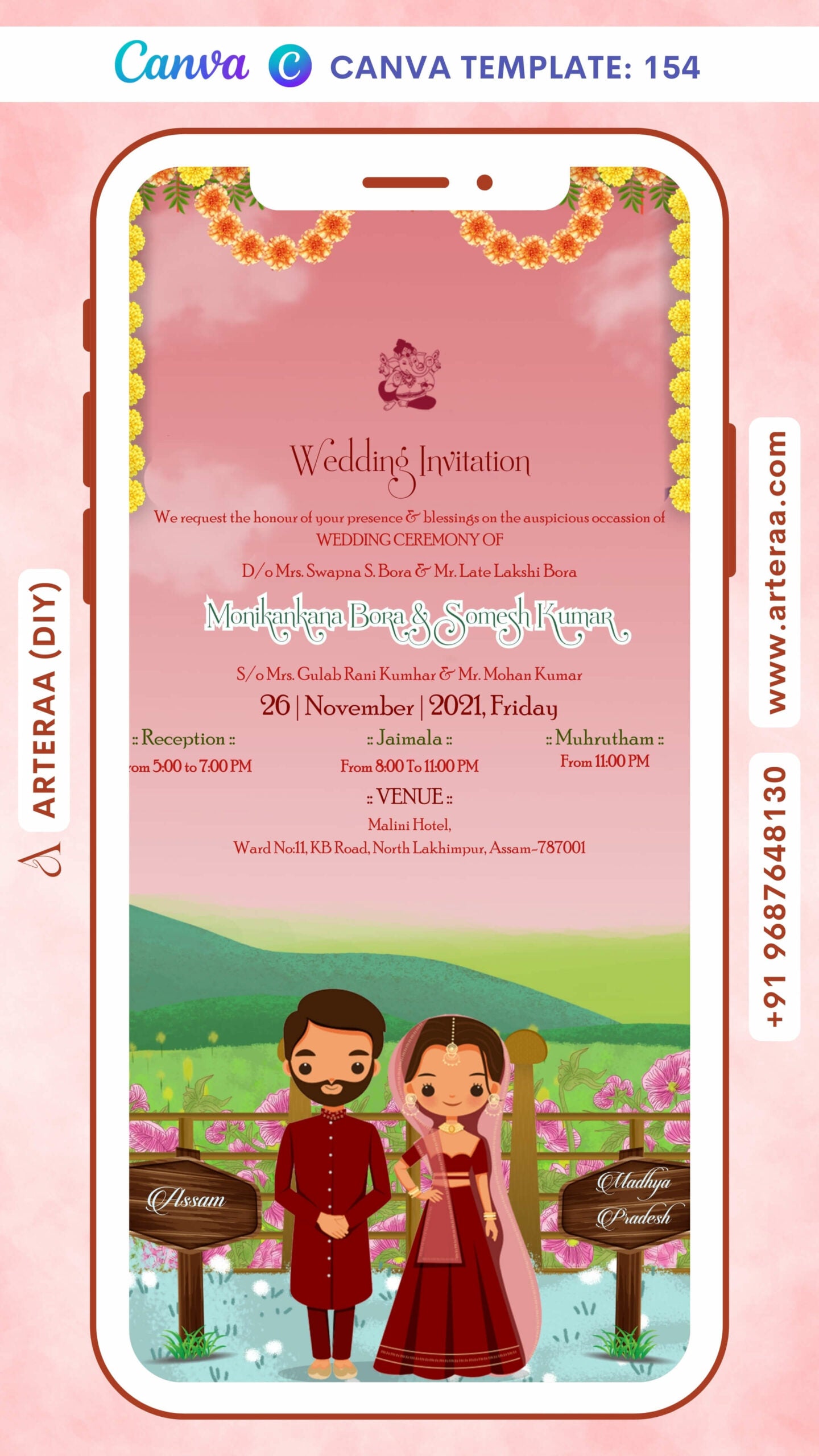 Wedding ceremony invitation card Canva Editable Template of hindu hindu Assamese family in english language with Traditional theme design 154