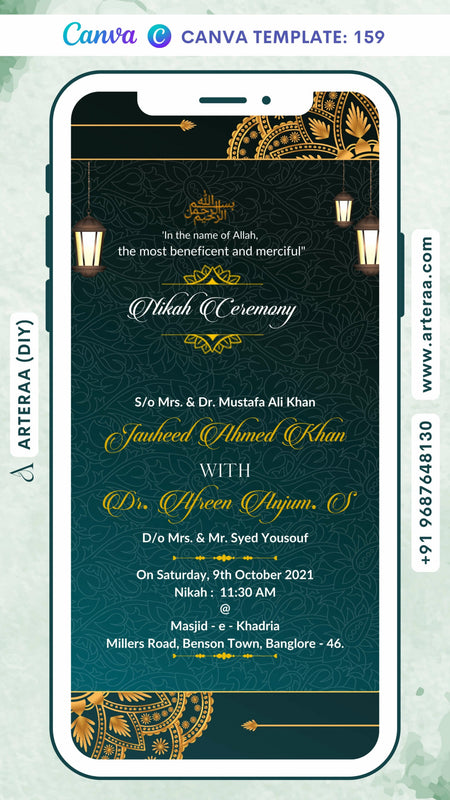 Nikah ceremony invitation card Canva Editable Template of Muslim family in english language with Mandala theme design 159