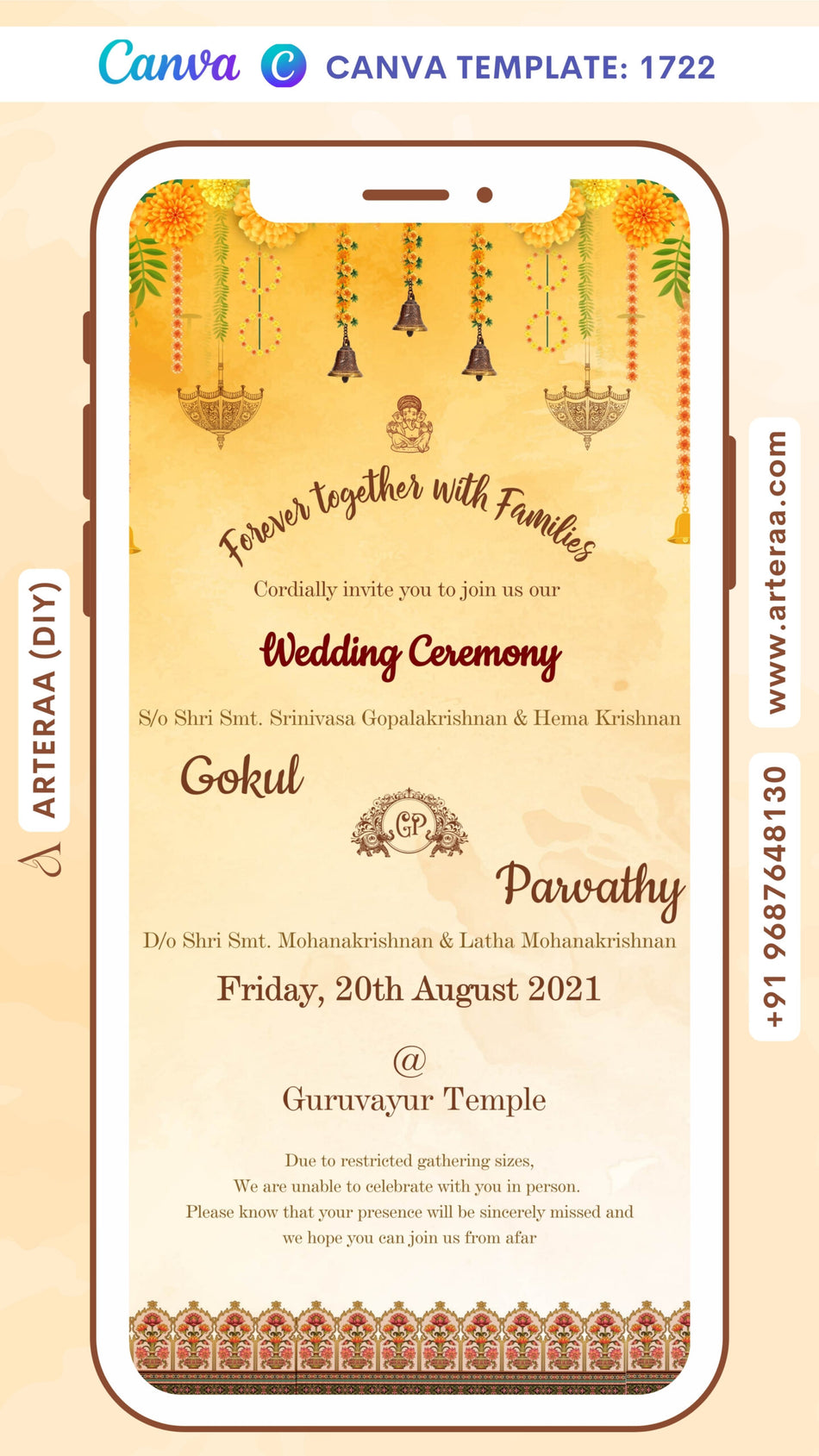 Wedding ceremony invitation card Canva Editable Template of hindu south indian malayali family in english language with traditional theme design 1722
