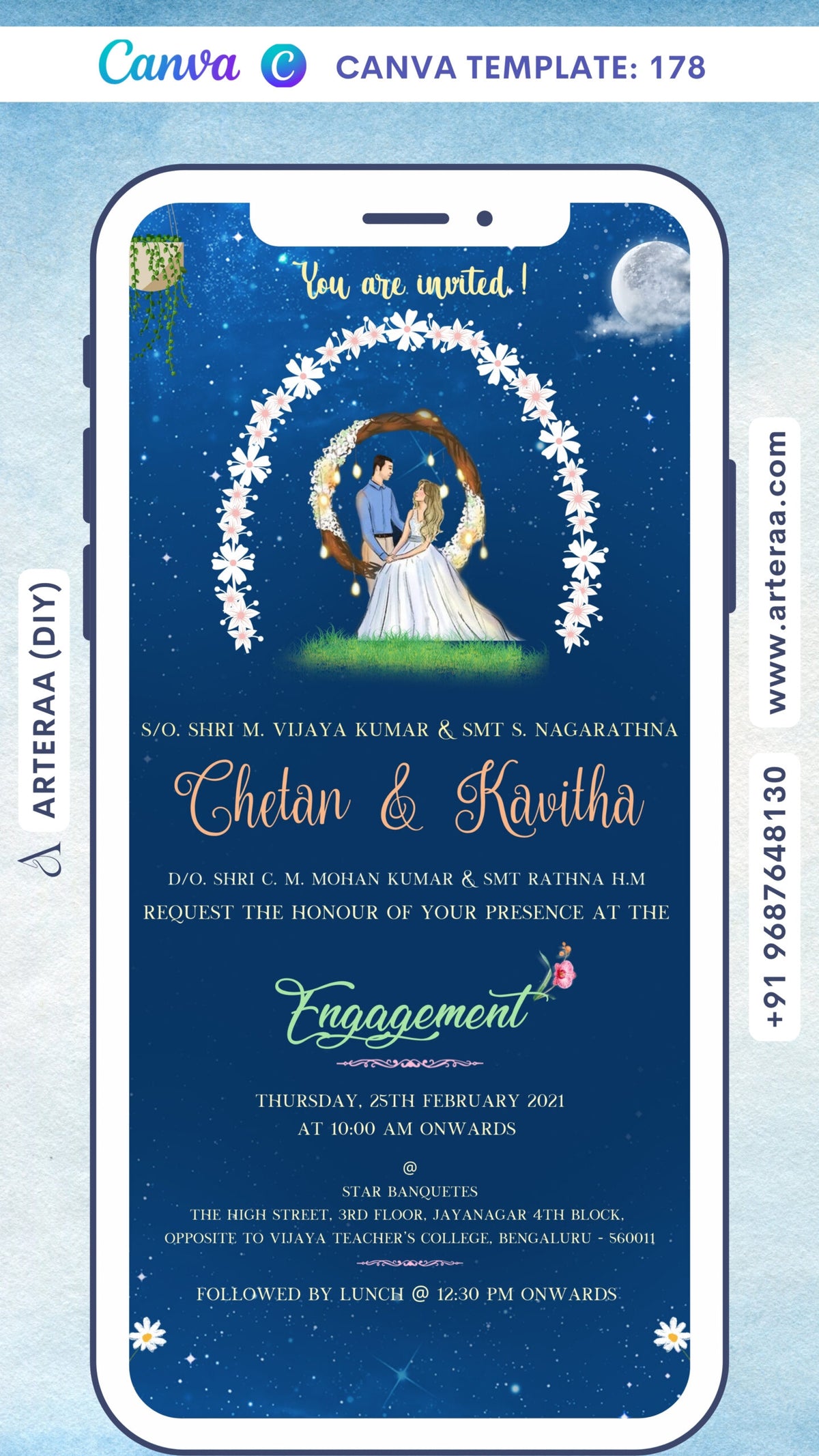 Engagement ceremony invitation card Canva Editable Template in english language with moon, sparkle as night theme design 178
