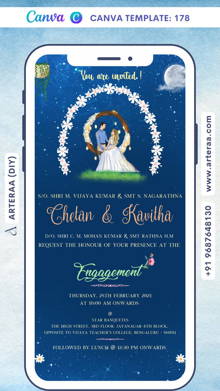Engagement ceremony invitation card Canva Editable Template in english language with moon, sparkle as night theme design 178