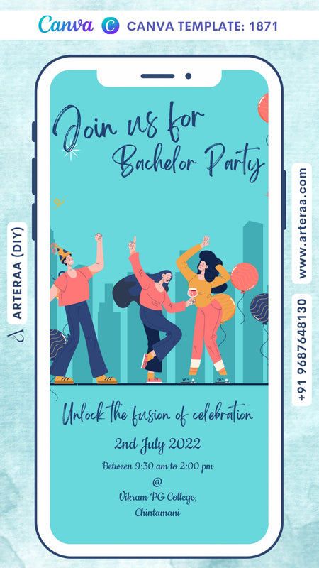 Bachelor Party invitation card Canva Editable Template in english language with balloons, people as minimalistic theme design 1871
