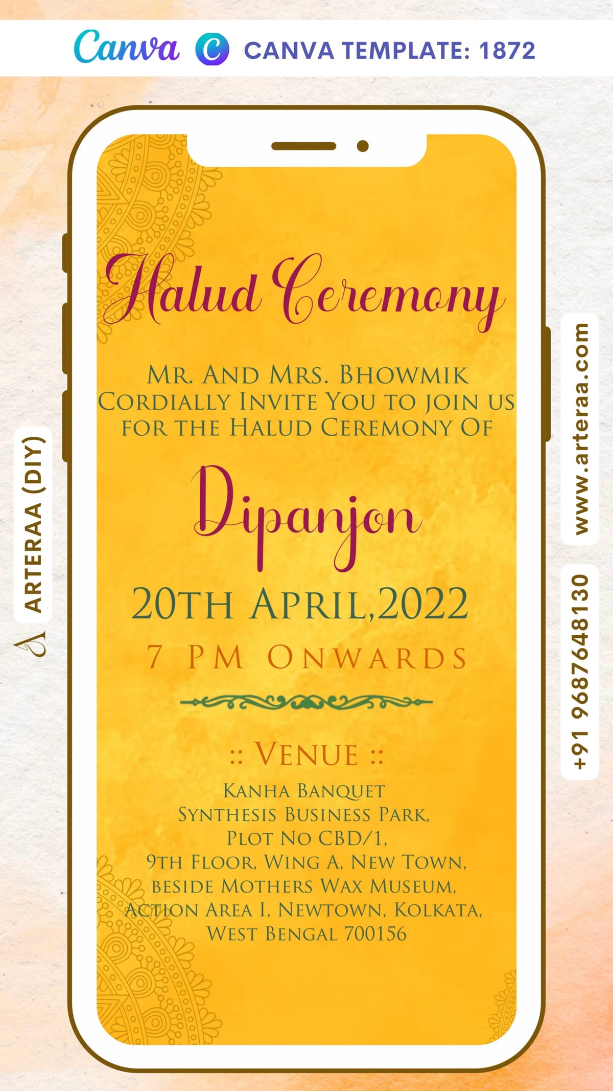 Haldi ceremony invitation card Canva Editable Template in english language with mandala as minimalistic theme design 1872