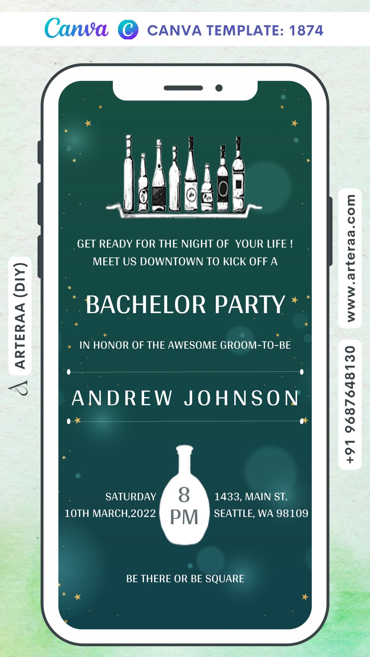 Bachelor Party invitation card Canva Editable Template in english language with bottle as glittery theme design 1874